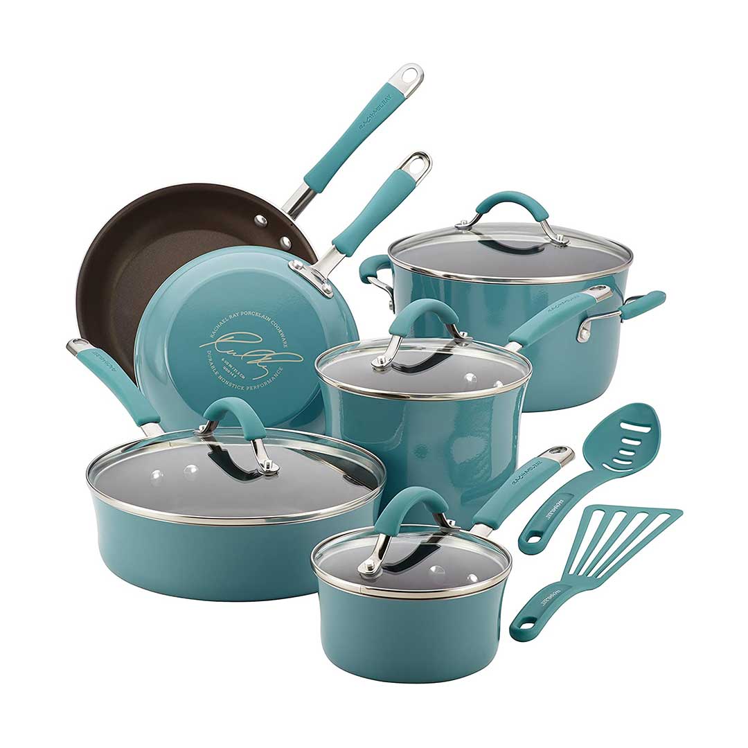 Rachael Ray Cucina Nonstick Cookware Pots and Pans Set Agave Blue