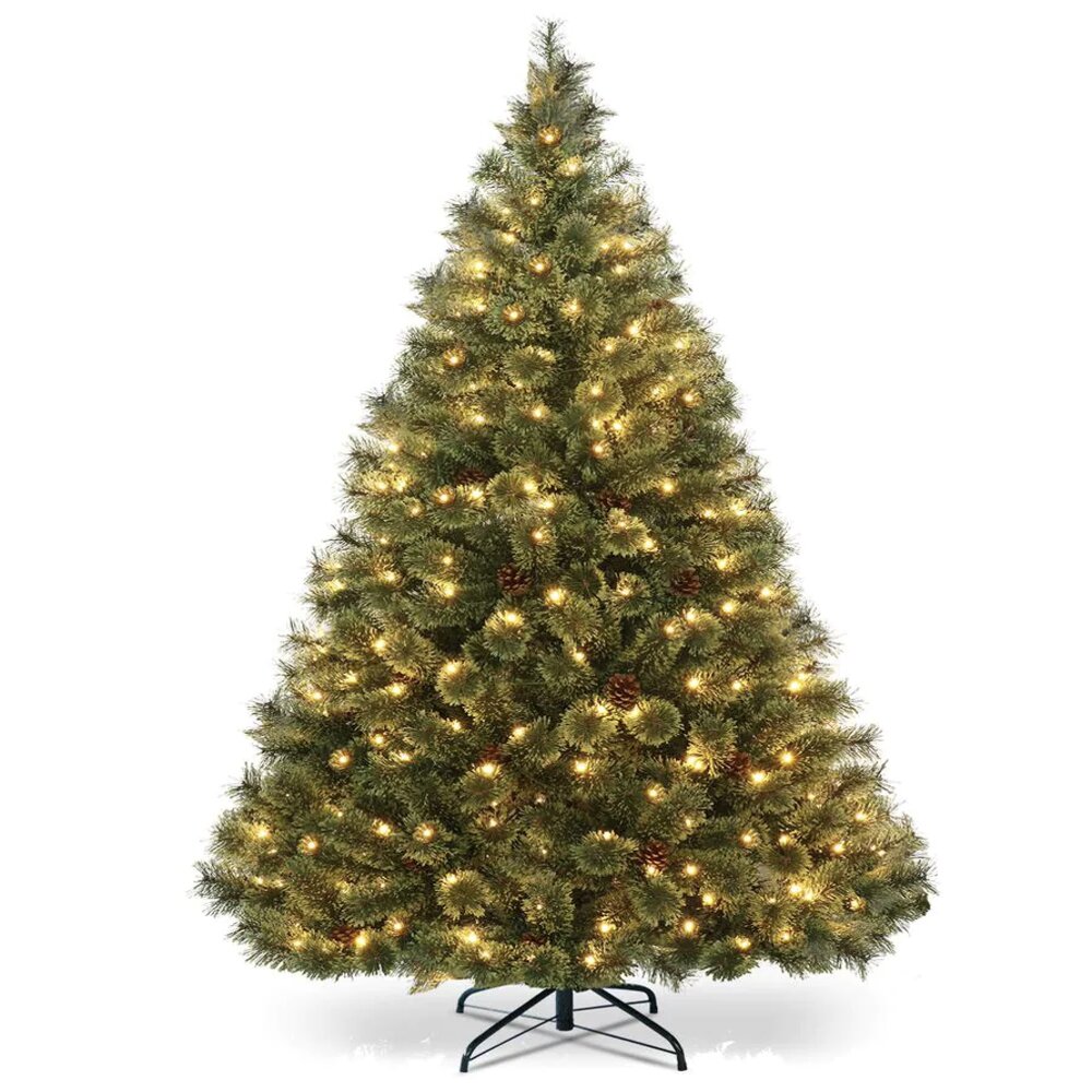 Gymax Green Pre-Lit Flowering Artificial Christmas Tree