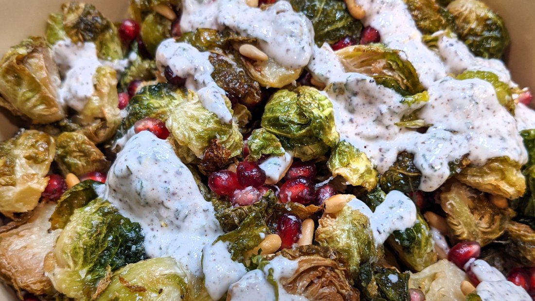 Crispy Fried Brussels Sprouts with Yogurt, Pomegranate and Pine Nuts