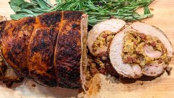 Turkey Roulade with Andouille-Cornbread Stuffing and Pan Gravy