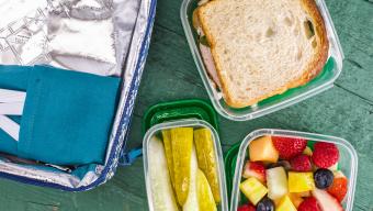 sandwich, pickles, fruit