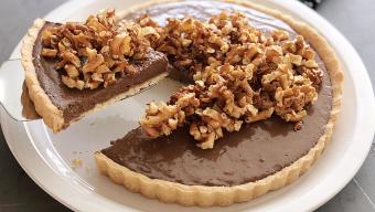 Malted Chocolate Pot De Crème Tart with Salty Sweet Pretzel Topping