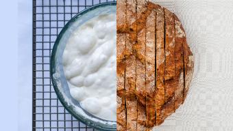 yeast starter and finished bread side by side