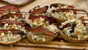 Blue Cream Cheese Bagels with Walnuts, Bacon and Rosemary