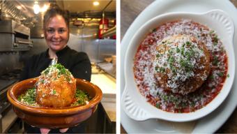 Antonia Lofaso and rice ball photos side by side