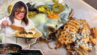 Portabella Phillys and Garlic Bread Waffle Fries | Rachael Ray