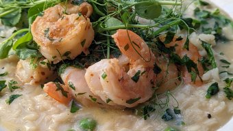 Lemon Risotto with Peas and Pea Tendrils and Scampi