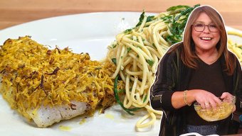 Crispy Fennel-Topped Fish with Garlic and Oil Spaghetti | Rachael Ray