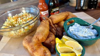 Beer Batter Fish Sticks with Tangy Tartar Sauce and Oil & Vinegar Slaw