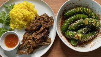 Lemongrass Beef with Turmeric Rice and Asian Cucumber Salad