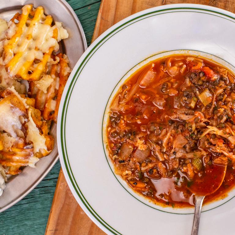 Lentil Cabbage Soup with Cheddar Waffle Fries