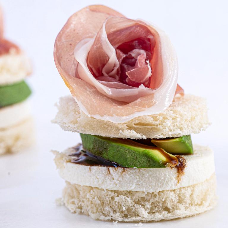 Avocado & Mozzarella Tea Sandwiches With Prosciutto Flowers