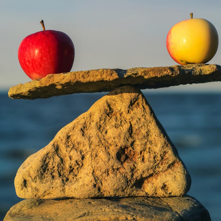 balancing rocks and apples on the beach