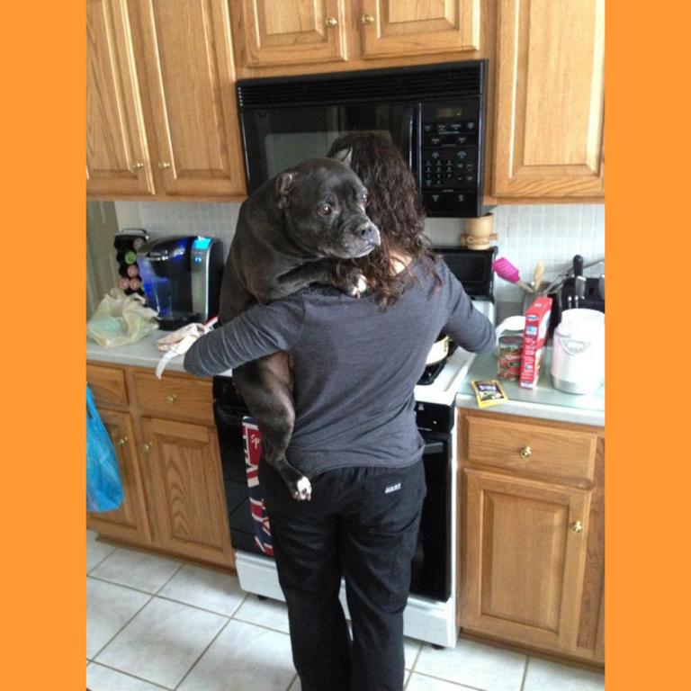 Mariesa holding dog in kitchen
