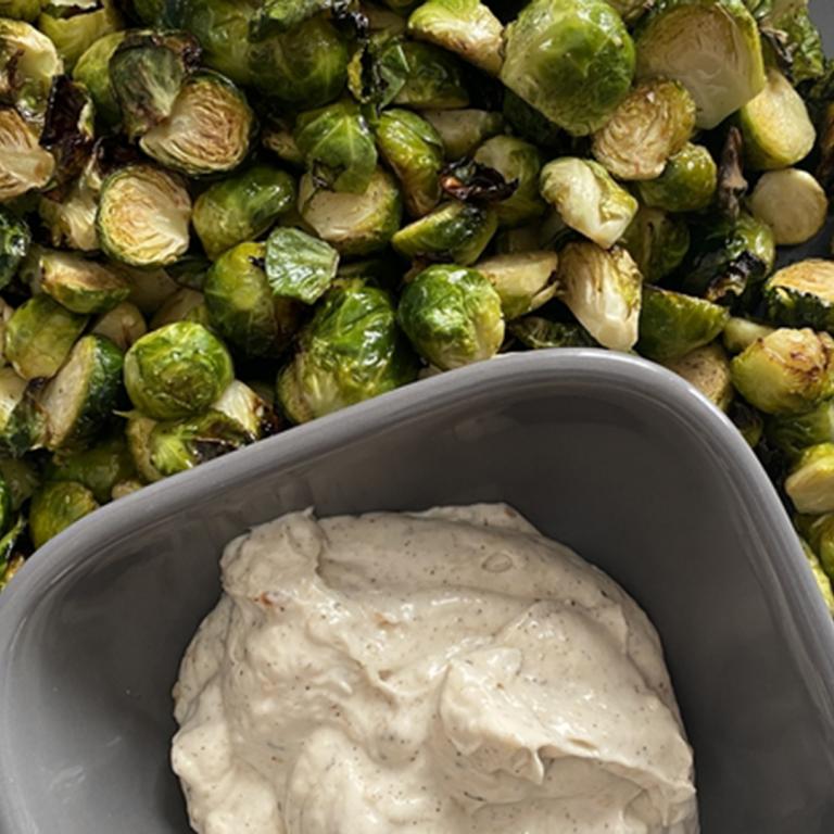Air Fryer Crispy Brussels Sprouts With Roasted Garlic Aioli