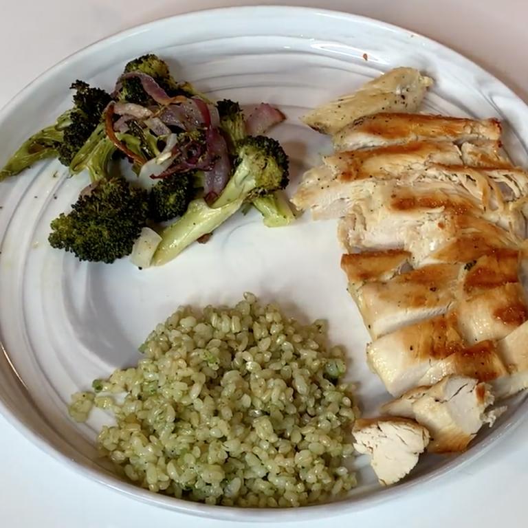 Grilled Lemon Chicken with Herbed Brown Rice, Roasted Broccoli & Red Onions