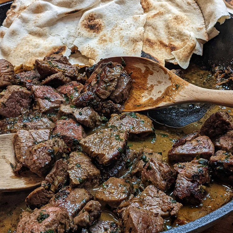 Marinated Beef Filet Bites with Spinach Rice Pilaf (Spanakorizo)