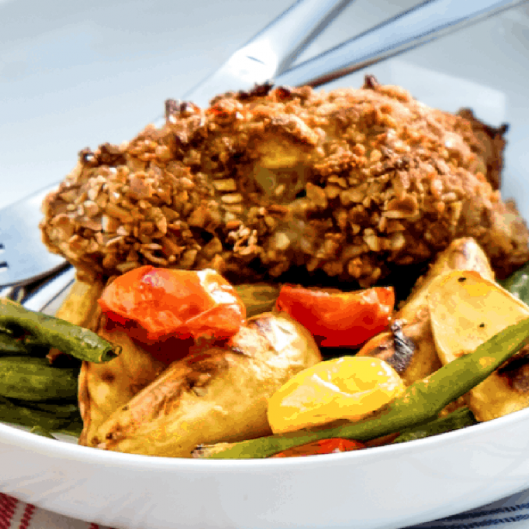 Sheet Pan Pretzel Chicken with Honey-Mustard Potatoes, Green Beans and Tomatoes