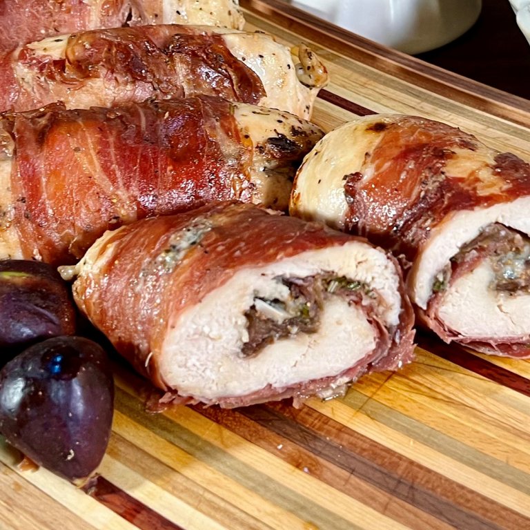 Prosciutto-Wrapped Stuffed Chicken Breasts with Figs, Rosemary + Cheese