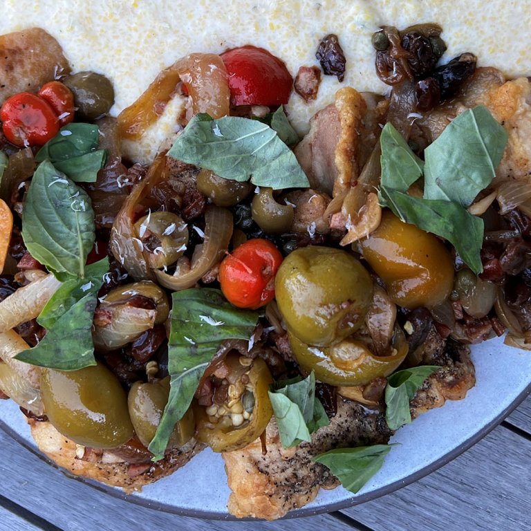 Pan-Roasted Chicken with Pancetta, Raisins, Olives and Cheesy Polenta 
