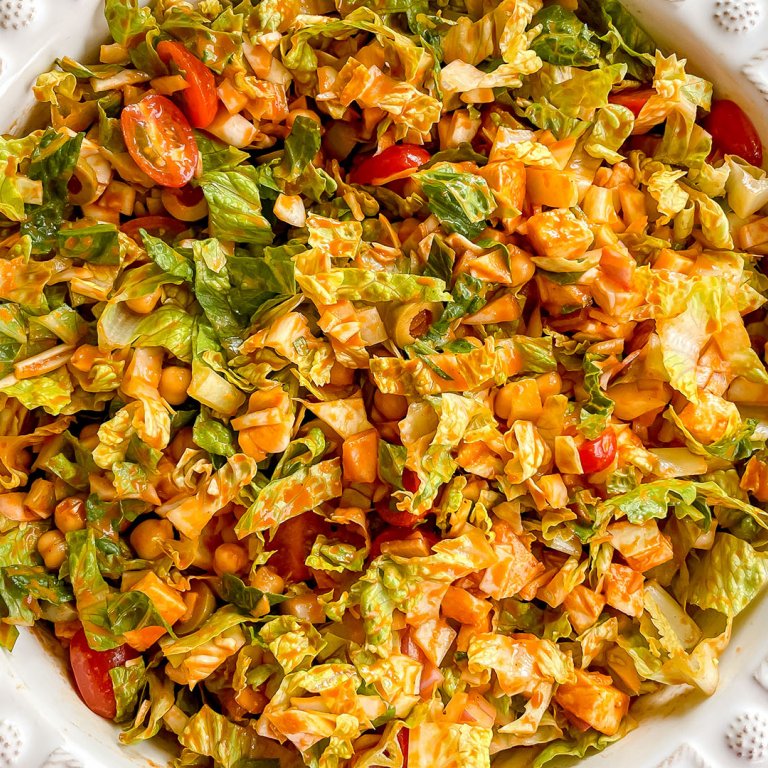 Mediterranean Chopped Salad with Roasted Red Pepper Dressing 