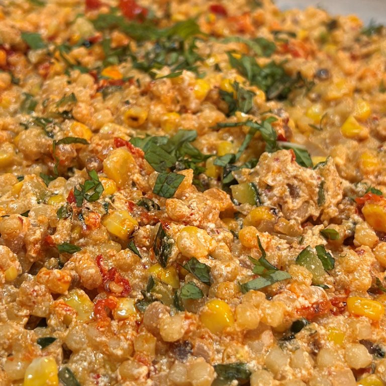 Spicy Fregola with Zucchini, Corn and Ricotta Cheese