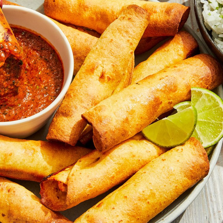 Mexican-Inspired Chicken Flautas with Salsa Roja and Guacamole