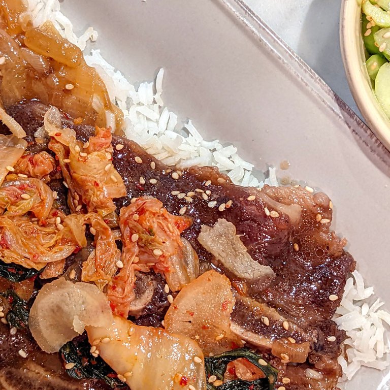 Korean-Style Braised Short Ribs with Cucumber Salad and Rice 
