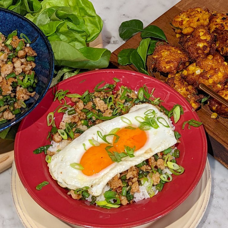Snackable Supper: Corn Fritters with Thai Chili Sauce + Thai Chicken with Basil | Rachael Ray 