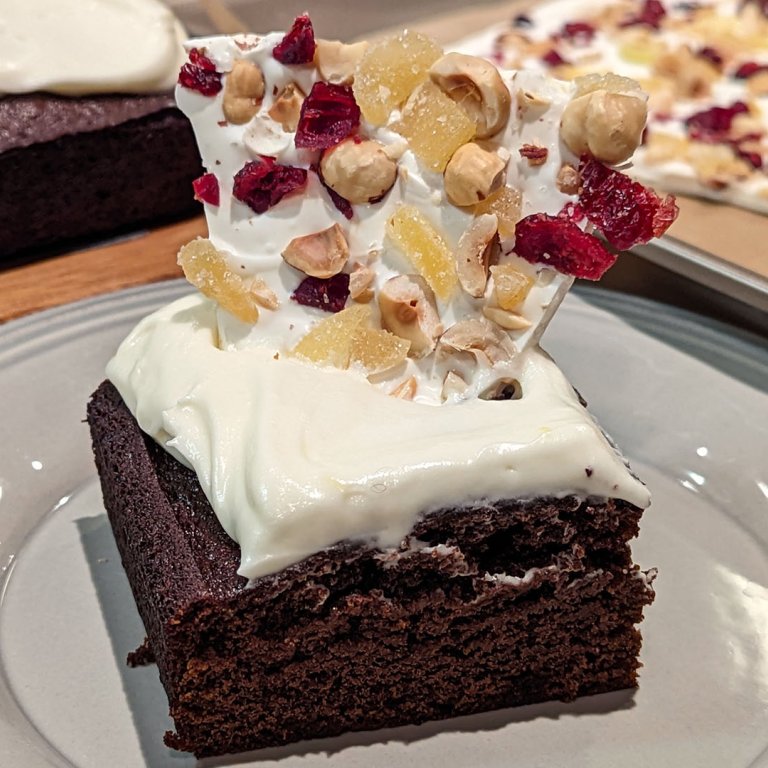 Gingerbread Spice Cake with Cream Cheese Icing + Cranberry-Ginger-Hazelnut Bark   