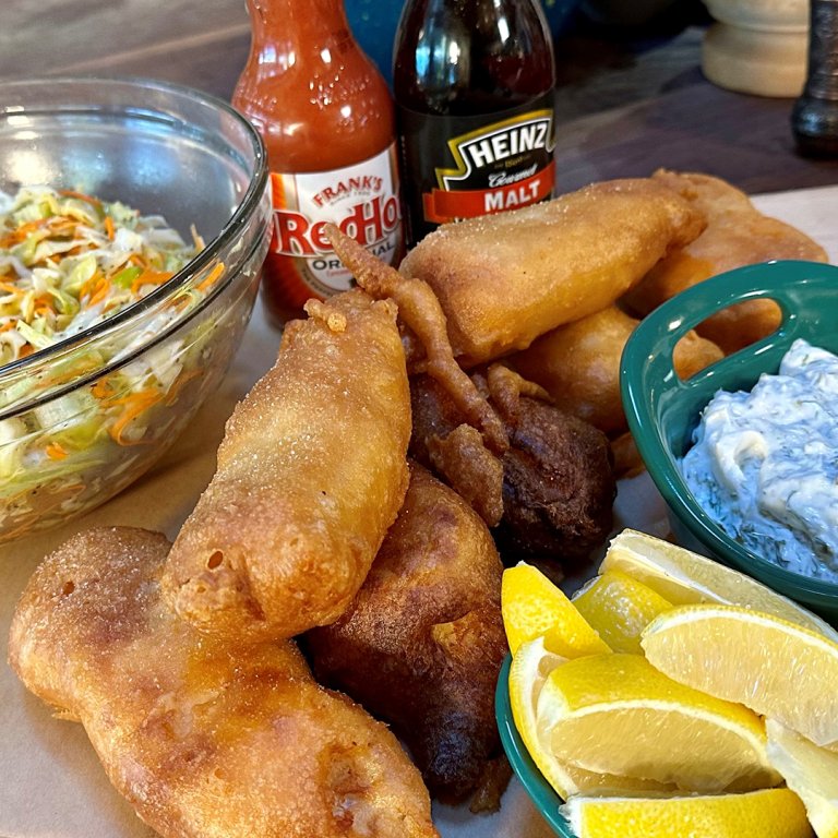 Beer Batter Fish Sticks with Tangy Tartar Sauce and Oil & Vinegar Slaw