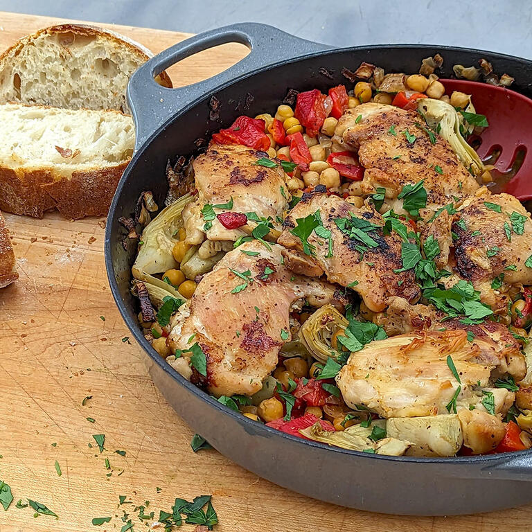 One-Skillet Chicken and Chickpeas with Roasted Red Peppers
