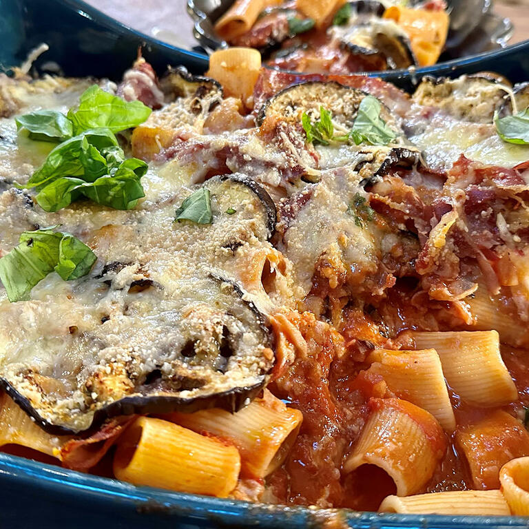 Baked Pasta with Eggplant and Hot Coppa