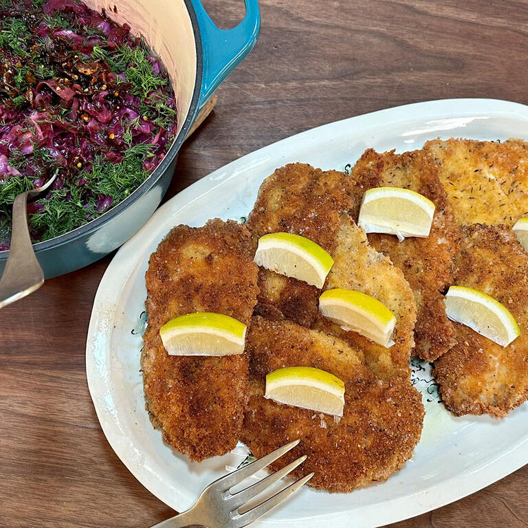 Chicken Schnitzel with Sweet & Sour Red Cabbage + Chili Crisp