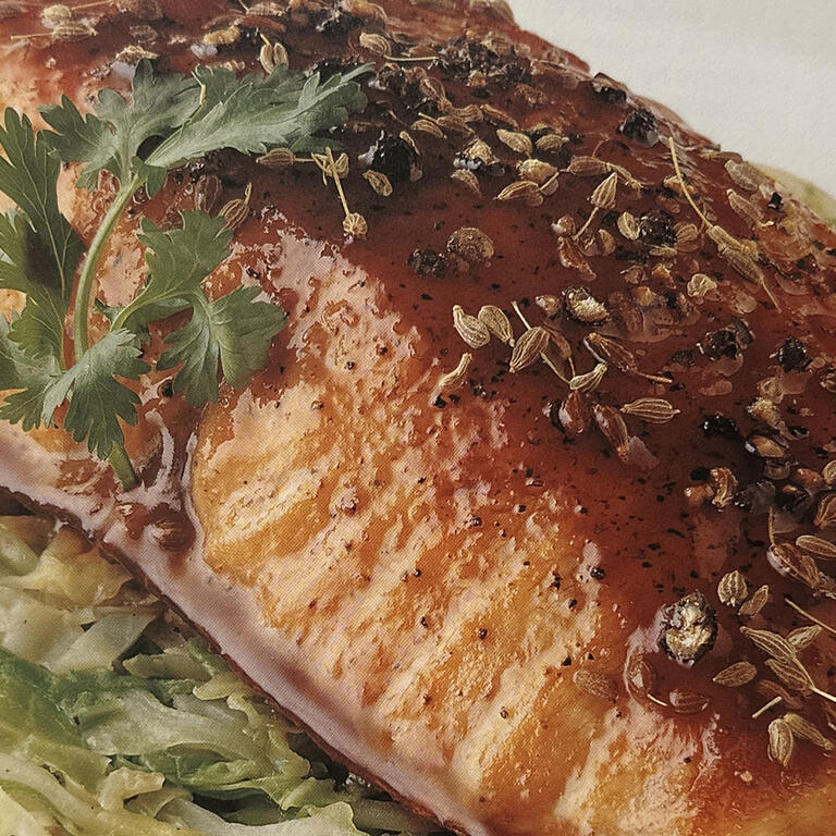 Roasted Salmon with Moroccan BBQ Sauce, Couscous and Cabbage 
