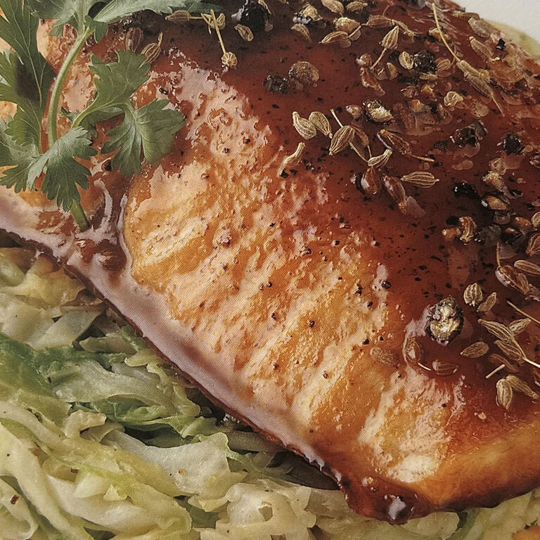 Roasted Salmon with Moroccan BBQ Sauce, Couscous and Cabbage