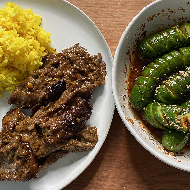 Lemongrass Beef with Turmeric Rice and Asian Cucumber Salad
