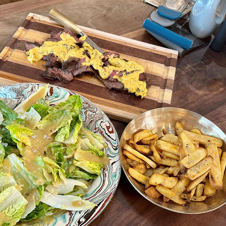 Skirt Steaks and Gem Salad with Fries