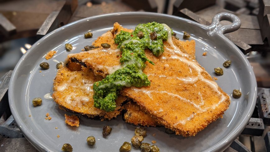 Eggplant Schnitzel with Whipped Honey & Spicy Green Herb Sauce