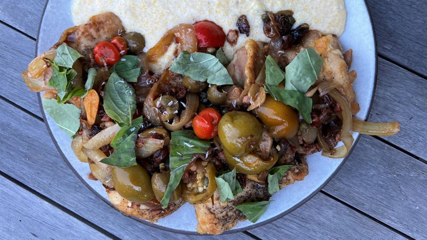 Pan-Roasted Chicken with Pancetta, Raisins, Olives and Cheesy Polenta 