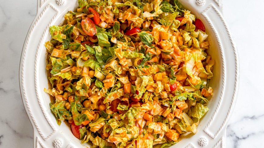 Mediterranean Chopped Salad with Roasted Red Pepper Dressing 