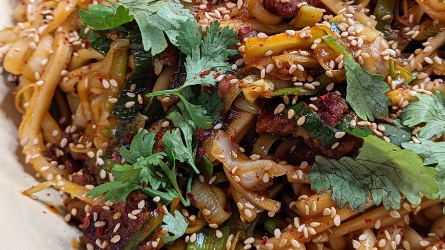 Korean-Style Noodles with Veggies and Spicy Sausage