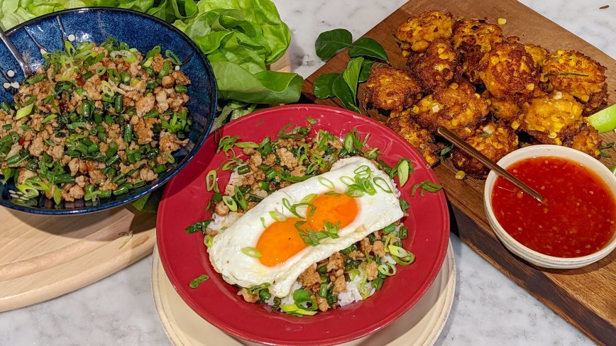 Snackable Supper: Corn Fritters with Thai Chili Sauce + Thai Chicken with Basil | Rachael Ray 