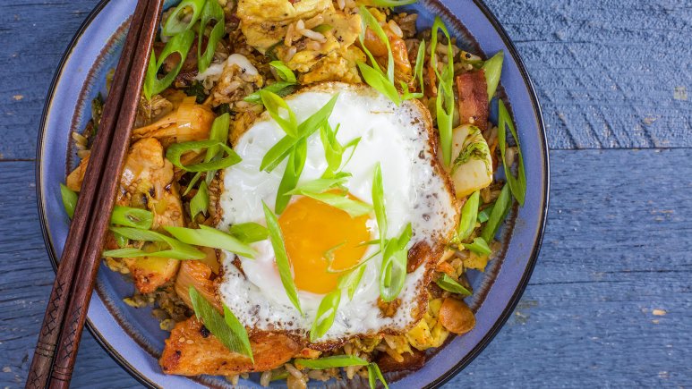chicken and kimchi stir fry with bacon and egg fried rice