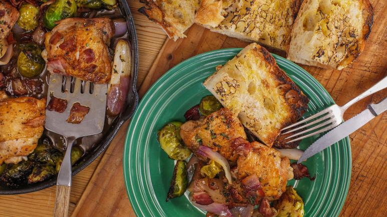 Rachael's cider chicken thighs with brussels sprouts