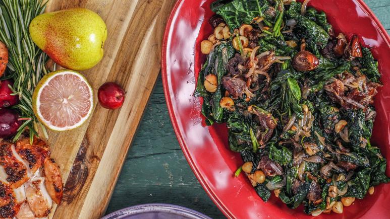 Sautéed Kale or Spinach with Dates and Nuts