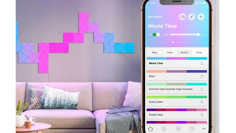 Nanoleaf Canvas displayed in home and phone showing app