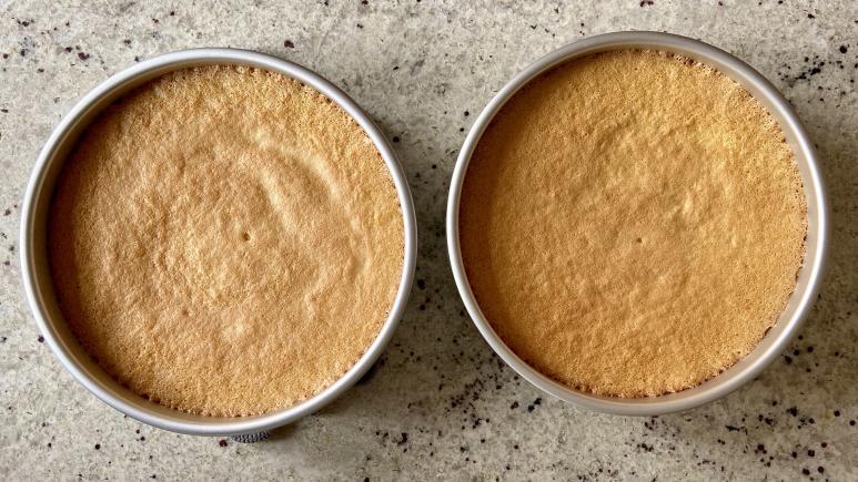 finished cakes in pans
